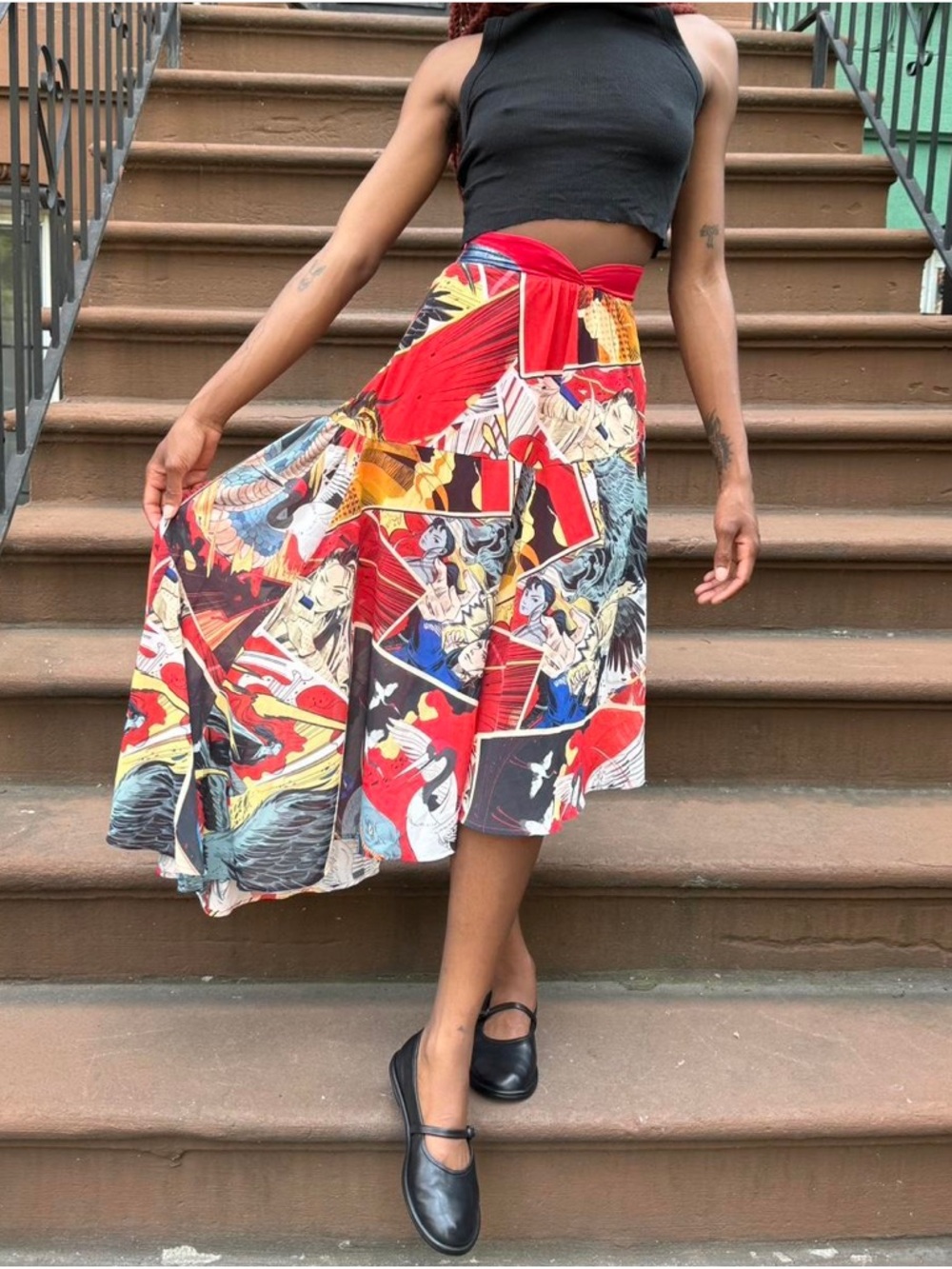 Anime Print Asymmetrical Midi Skirt in Red Chiffon size small